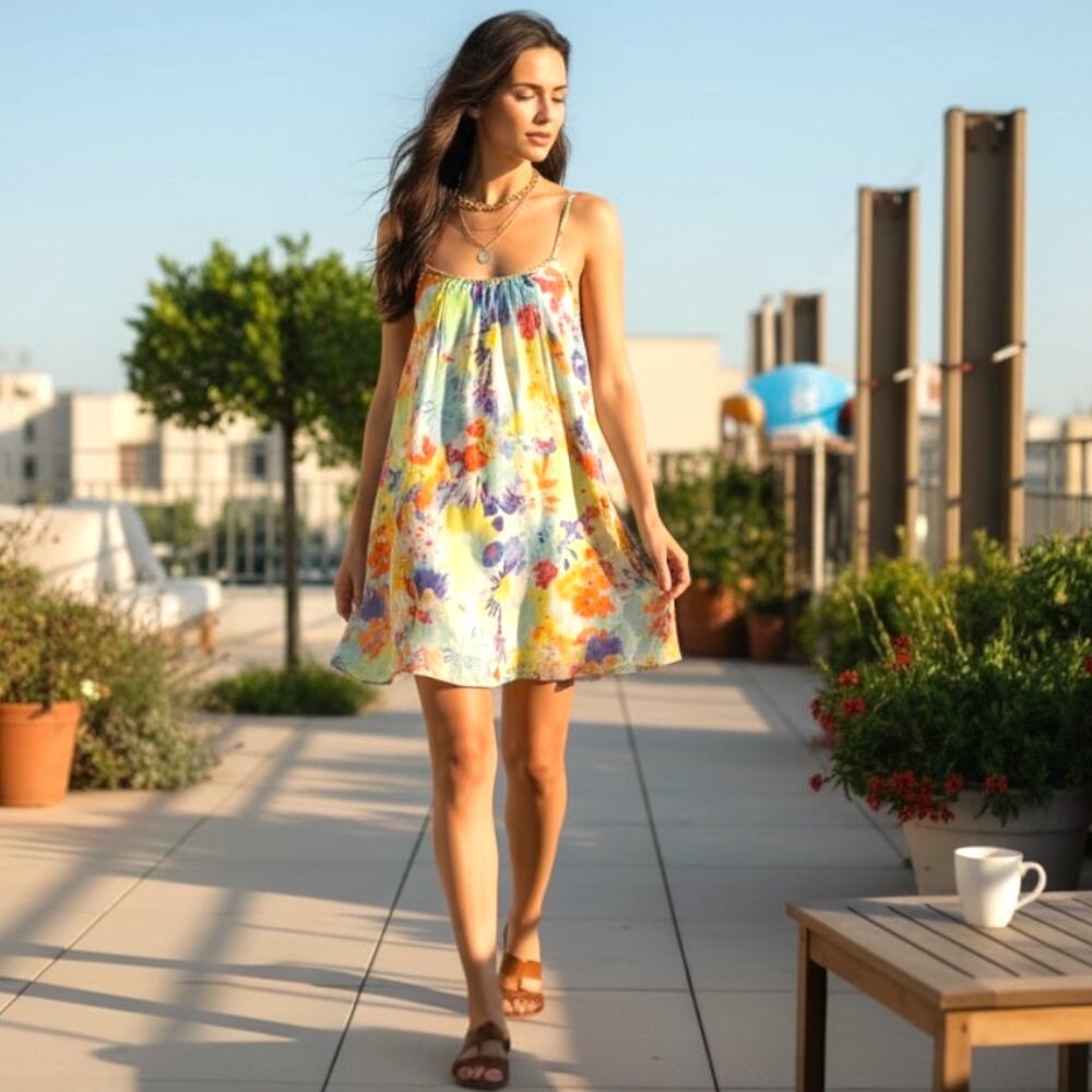 Charlie Jade Chiffon Tank Swing Floral Dress Multi Color EUC 100% Silk S 2 4 - Picture 11 of 11